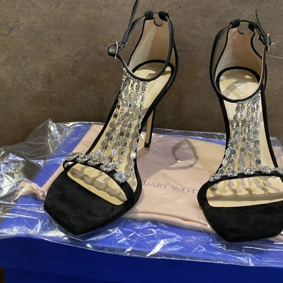 Stuart Weitzman Stardust 100 sandal, black suede with crystals, size 8 - Picture 2 of 3
